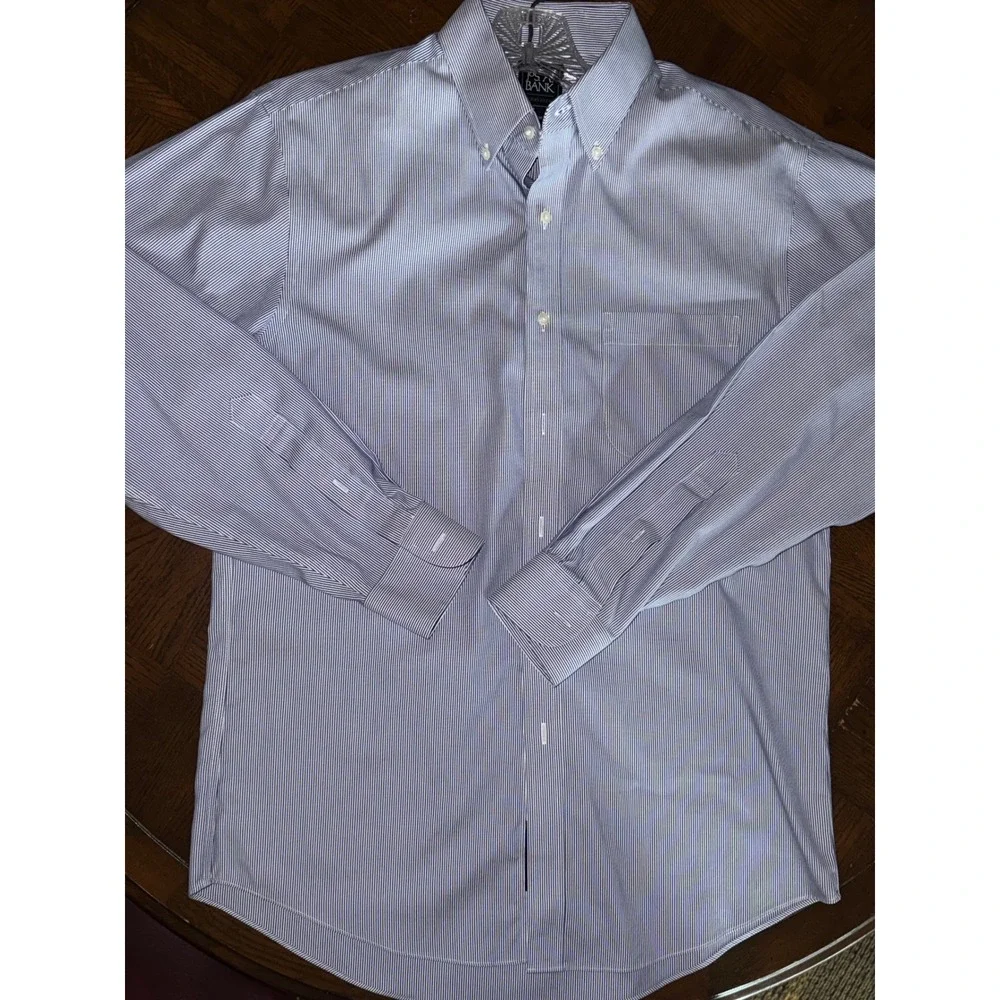Jos A Bank Traveler Dress Shirt Size 16-34 Blue Stripe Slim Fit Business Classic - Picture 2 of 9